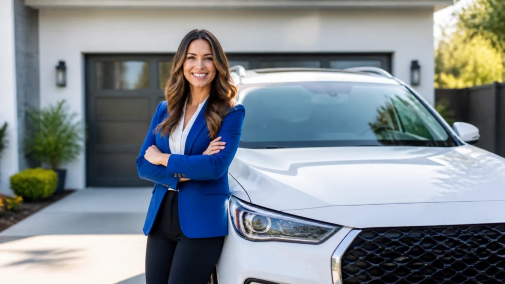 Smiling woman in a blue blazer standing beside a white SUV in a home driveway