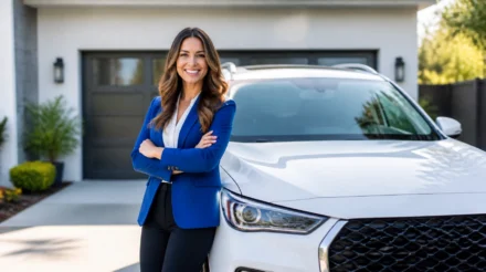 Smiling woman in a blue blazer standing beside a white SUV in a home driveway
